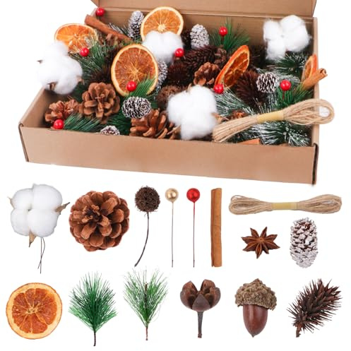 Joxessaien Set di 170 ghirlande natalizie, accessori per corona dell'Avvento, con cotone, fette di arancia secche, bastoncini di cannella, anice stellato, noci, pigne, bacche, rami di abete e corda di