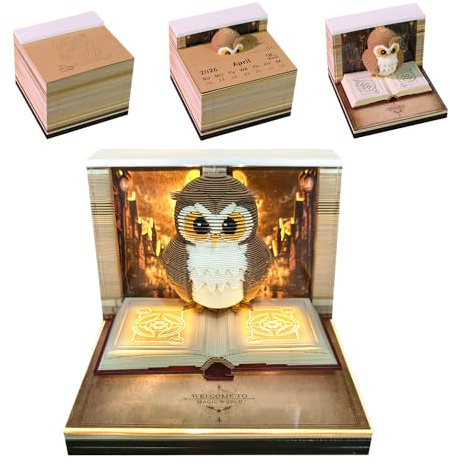 Dhqkqg 3D Kalender,3D Notizblock 2026 mit Glasklarem Anzeigebox,Abreißkalender-Skulptur,Tischkalender-Notizblock mit Licht,Kreativer Tischkalender DIY-Notizen Papierskulptur (Magie Eule mit Licht)