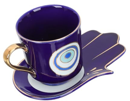 MUELODSIC Tazas de Té y Café Europeo de Cerámica con Soporte para Leche Diseño Decorativo Azul con Ojo Turco Resistente y Fácil de Limpiar para Uso Diario