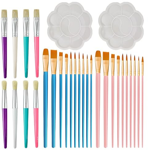 30 PCS Paint Brushes Art with 2 Paint Palettes, for Acrylic Oil Watercolor | 28 Art Brushes and 2 Paint Pallet,Comfortable Handles,Soft Resilient Bristles,Paintbrushes for Gouache/DIY Crafts/Face Paint