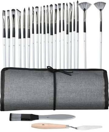 Lot de 24 pinceaux professionnels avec fibre synthétique, acrylique, couteau de peinture, pinceau à bloc et 22 pinceaux d'artiste, pour acrylique, huile, aquarelle et peinture sur pierre, avec sac de