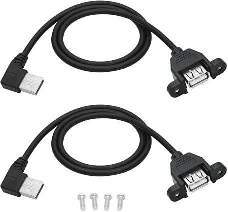 2 Stück 90 Grad USB A Panel Mount Verlängerungskabel 2FT, USB 2.0 Typ A männlich zu Typ A weibliche Verschleiß Ohren 5V 2A unterstützt Laden und Datenübertragung, mit Schrauben (Linker Winkel)