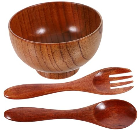 Garneck Ciotole in Legno Naturale con Cucchiaio e Forchetta Insalatiera Profonda e Leggera per Casa e Ristorante Multiuso per Zuppe Noodles e Insalate Design Elegante e Facile da Pulire