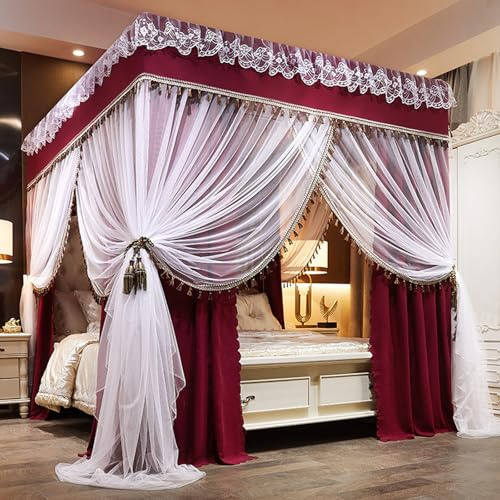 Tenda a baldacchino per letto – Quattro montanti angolari, doppio strato, tre aperture laterali, rete per ragazze e adulti, decorazione per camera da letto La confezione include una tenda da letto