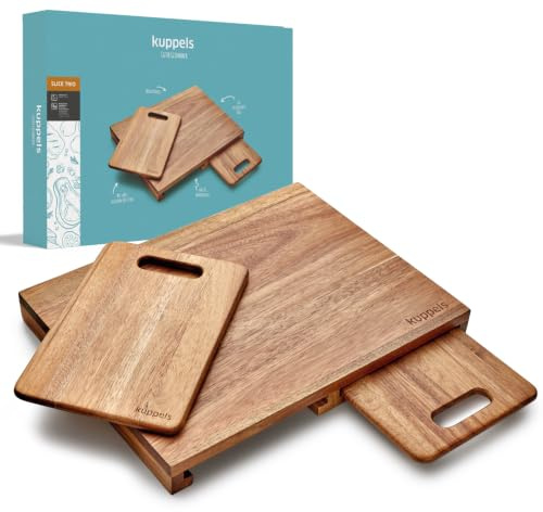 Kuppels SLICE 3in1 Schneidebrett-Set 3-tlg, Akazienholz, 30×29, 26×17 cm | Großes Holzbrett, 2 kleine Holzbretter, Aufbewahrungsaussparung, messerschonend und als Servierbrett nutzbar
