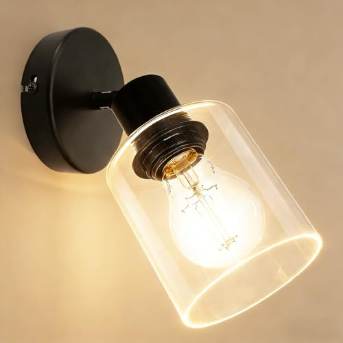 Wondlumi Wandlampe 1 Flammig E27 Schwarz Glas Metall Vintage Schwenkbar | Deckenstrahler Spots Industriell Schwenkbar 350° Wandleuchte innen 230V für Küche Schlafzimmer Flur ohne Leuchtmittel