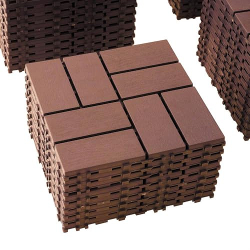 YMQHBS 44 Pcs Interlocking Decking Tiles – Peel & Stick Waterproof Outdoor Flooring, Anti-Slip Textured PP Patio Pavers for Pool, Balcony, Backyard, Porch, Grey/Brown
