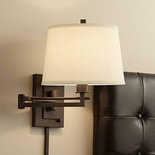 Franklin Iron Works Easley Modern Swing Arm Adjustable Wall Lamp with Cord Matte Bronze Brown Plug-in Light Fixture Dimmable Fabric Drum Shade for Bedroom Bedside Living Room Reading Kitchen