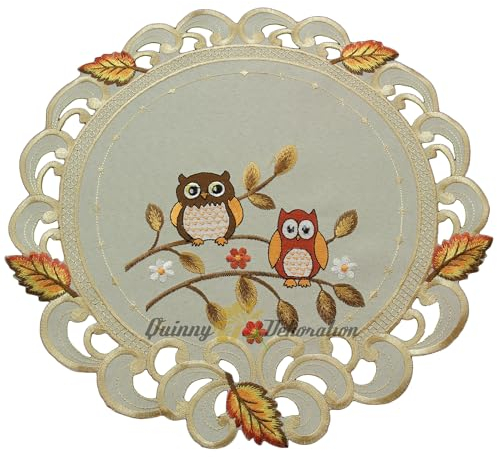 Eulen Tischdeckchen Tischläufer Decke Kissenhülle Leinen-Optik Creme Beige Herbst Blatt Stickerei - Größe wählbar (ca. 40 cm Rund)