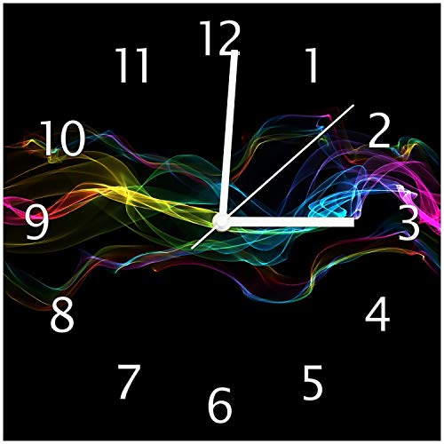 Wallario Design-Wanduhr Bunter Rauch vor schwarzem Hintergrund aus Glas, Motiv-Uhr Größe 30 x 30 cm, weiße Zeiger