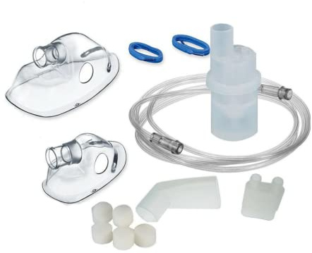 CURA FARMA CuraNeb - Kit Ricambio Universale per Aerosol a Pistone con Ampolla, Mascherina Adulti e Bambini, Tubo, Forcella, Boccheruola Compatibile con Nebula Aerosol Microlife, Dispositivo Medico CE