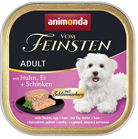 animonda vom Feinsten Hundefutter nass mit Schlemmerkern mit Huhn+Ei + Schinken+Banana+Aprikose (22 x 150g), getreidefreies Hundenassfutter ohne Zucker