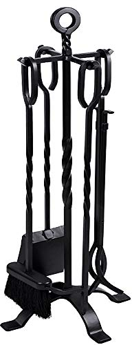 Amagabeli 5 pezzi Set di attrezzi per camino Set di attrezzi per camino in ferro battuto per interni Set di utensili per fornello da poker in legno di grandi dimensioni Nero all'aperto