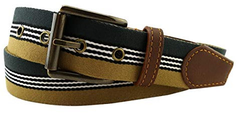TigerTie hochwertiger Stoffgürtel mit Edelstahl Schnalle und echt Leder Applikationen in grün ocker weiß schwarz gestreift. Gürtelbreite 35 mm, Bundweite 90 cm
