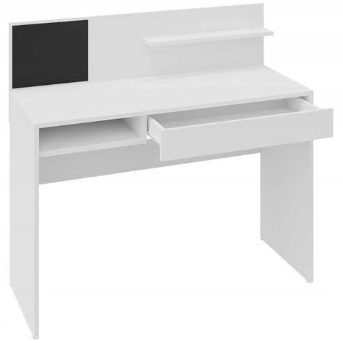 MATKAM Schreibtisch Magnet H 103 (H 76 Tischplatte) x B 110 x T 50 cm, laminierte Möbelplatte, Schublade, Ablagefach, eine Schutzwand mit kleinem Ablageregal (Weiß)