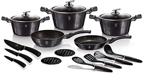 15 Teilig, 17 Teilig Oder 18 Teilig Kochtopfset Induktion Pfannen-Set Topf-Set Aluguss Töpfe Antihaftbeschichtung Marmor Ertex (17 Tlg, BH-6164)