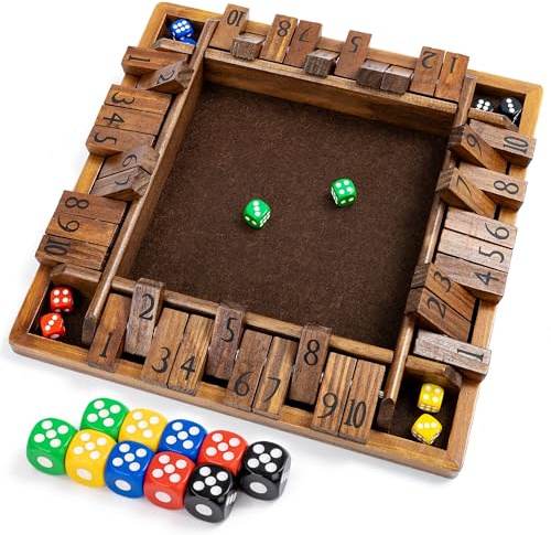 ropoda 12 Inches 4-Way Shut The Box Dice Board Game (2-4 Players) for Kids & Adults [4 Sided Large Wooden Board Game, 8 Dice + Shut-The-Box Rules] Smart Game for Learning Addition