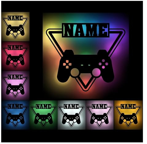 Namofactur Gamer Dreieck mit Personalisierung und LED aus Holz | Gamer Deko mit RGB oder Warmweiß LED | Deko für Jugendzimmer, Schreibtisch & Gaming Wand