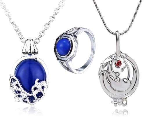 HJYZY Vampire Kostüm Schmuck set Daywalking Saphir Halskette Öffnung Eisenkraut Medaillon Anhänger Vampir Familie Ringe mit Aufkleber 13 Stück