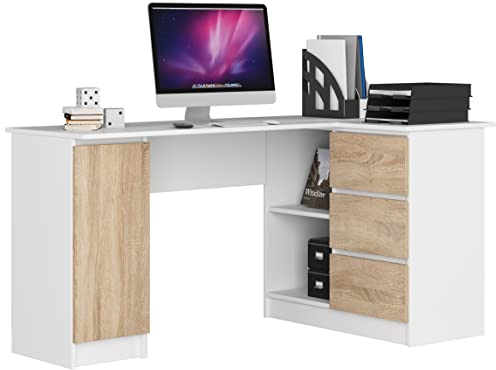 AKORD Eck-Schreibtisch B-20 mit 3 Schubladen, 2 Ablagen und einem Regalfach mit Tür | Schreibtisch | Eck Schreibtisch für Home Office | B155 x H77 x T85, 60 kg | Weiß & Sonoma-Eiche Front