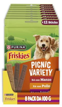 PURINA FRISKIES Picnic Variety 5 Promesse Snack per Cani Adulti con Manzo, Pollo e Agnello 8 Confezioni da 100g