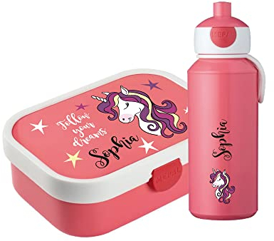 4youDesign Mepal Bento Box & Trinkflasche Set personalisiert follow you dreams (Cool Pink) – Geschenk für Kinder Weihnachten, Nikolaus, Geburtstag – Auslaufsicher – Brotdose 750ml, 400 ml Flasche