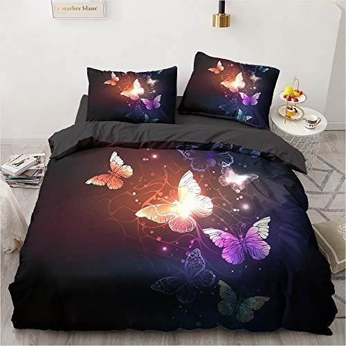 Luowei Bunt Schmetterling Bettwäsche 200x200cm Schwarz Bettbezug Set Butterfly Muster Microfaser Wendebettwäsche mit Reißverschluss und 2 Kissenbezüge 80 x 80 cm