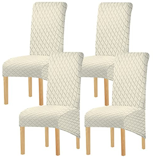 KELUINA Geometrische Jacquard Große Stuhlabdeckungen für Esszimmerstühle,XL Hoher Rücken Esszimmerstuhlbezüge, Dehnbare abnehmbare waschbare stuhlhussen(K Creme,Set of 4)
