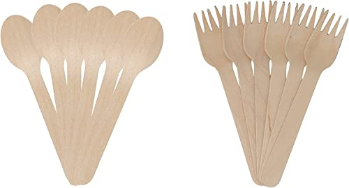 Meown Disposable Wooden Cutlery Set - Biodegradable Wooden Fork, Spoon, Knife, & Chip Fork - Compostable, & Plastic Free - Ideal for Wedding, Picnic, Party, Office (Wooden Spoon 100pcs & Fork 100pcs)