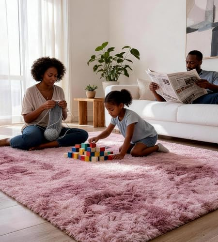 MARATIP Teppich Kinderzimmer Flur Batik Purpur-Rosa 80x150 cm Weich | Hochflor-Läufer, waschbar, rutschfest, flauschig. Perfekt für Diele, Eingang, Schlaf- und Kinderzimmer.