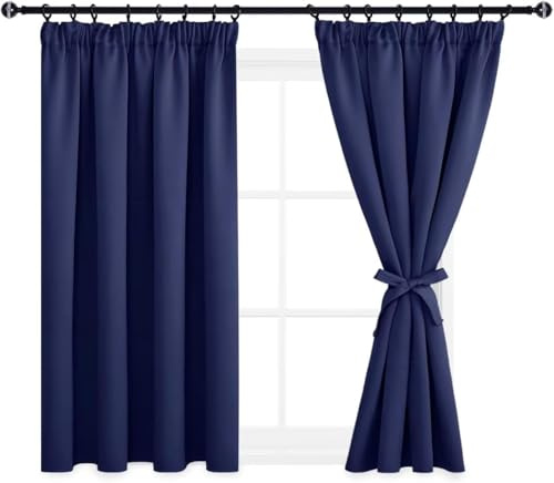 DWCN Vorhang Blickdicht mit Kräuselband Verdunkelungsgardinen Gardinen Kurz | 145x140cm(HöhexBreite), Dunkel Blau, 2er Set, Wärmeisolierend Thermovorhang Kälteschutz für Schlafzimmer Küche Schienensystem