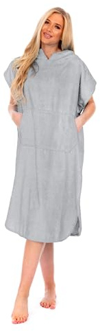 Adore Home Ladies Hooded 100% Cotton Changing Robe with Pocket Beach Terry Towelling Poncho Towel Swimming Surf, L/XL, Silver