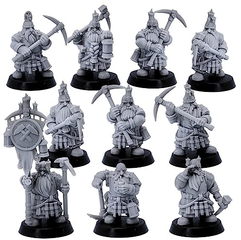 Forged Terrain Dwarf Miner Miniature Set 32mm scale - Unpainted Fantasy Figures for Tabletop RPG DnD Fantasy Tabletop Gaming g Dwarven Army Unit Figures