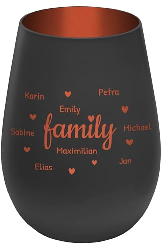 Windlicht mit Gravur Family - personalisierbar mit Namen - Schwarz/Bronze - Höhe 12 cm - Teelichthalter Kerzenhalter Vornamen Familienmitglieder