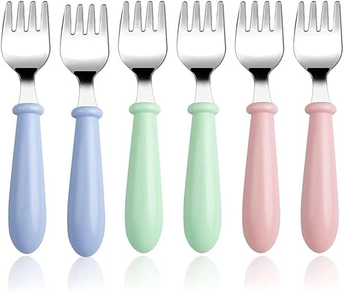MEETOZ 6 tenedores para niños pequeños, tenedores de bebé para autoalimentación, tenedores de metal, tenedores de metal para niños y niñas, tenedores de entrenamiento pequeños para niños, tenedores de