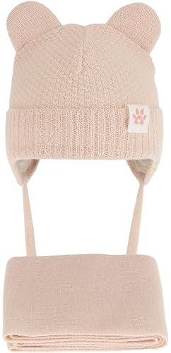 CiuchCiuch Set aus Mütze und Schal für Babys mit Ohren - Wintermütze Mädchen Baby Kinder - Zu Weihnachten – Zur Taufe - Strickmütze mit Fleecefutter Beanie Beige 34-36 cm
