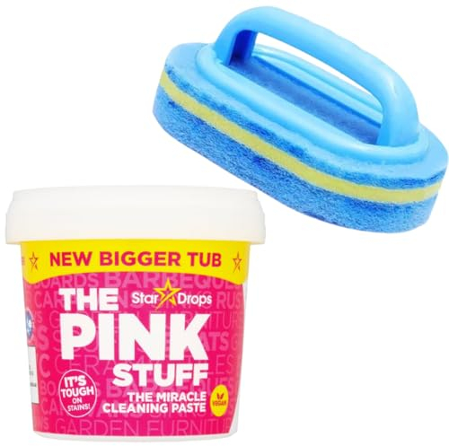 Pink Miracle Cleaning Paste with large scrubbing sponge with handle. For kitchens, pans, oven, bathrooms, and floors. Multipurpose household cleaner and stain remover scrubber kit.