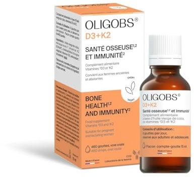Oligobs D3+K2 | Complément alimentaire Vitamine D3 + K2 végétale | Flacon 15 ml | Immunité et santé osseuse | D3 végétale issue de lichen + K2 MK-7 | Sans additif | Végan | Fabriqué en France