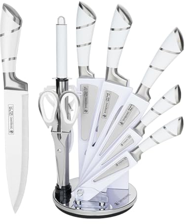 Kitchen Knife Set, 9 Piece Professional Kitchen Set with 360 Degree Rotating Acrylic Stand, Stainless Steel Sharp Chef Knives Set with Ergonomic Handle, Knife Set with Block