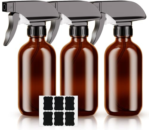 HOTUT Sprühflasche Glas, 3 Stück 240ml Glas Sprühflaschen nachfüllbar mit justierbarer Düse für Spritz, Nebel & Strahl, leere Spray Bottle Wassersprüher für Pflanzen, Reinigung, Haare, braun Zerstäube