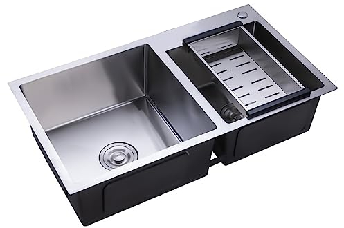 Genérico Fregadero cocinaFregadero de Cocina de Acero Inoxidable, 78 x 43 x 21 cm, con escurridor, 2 Senos