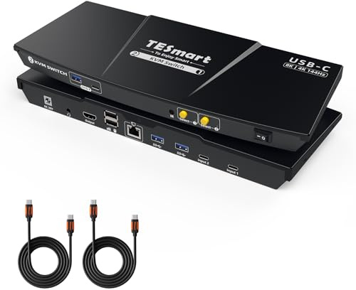 TESmart 8K@60Hz USB C KVM Switch 2 PC 1 Monitor, USB3.0 4K@144Hz DP 1.4 KVM Switches, Type C 60W Aufladen für Laptop,1G Ethernet, EDID, Hotkey-Schalter, ADI Chip für Gaming & Home Office