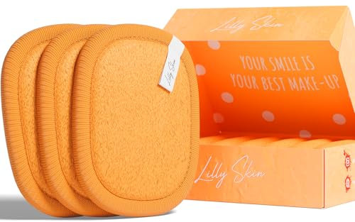 Pads Démaquillants Lavables et Réutilisables Lilly Skin - Lingettes Carrées Microfibres Nettoyantes et Exfoliantes pour la Peau du Visage - Boîte de 7 Pads en Tissu Simili Coton (Pêche Royale, XL)