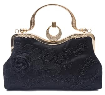 CORIOS Borsetta da Sera da Donna Clutch in Ricami Floreali Borsa Sposa Pochette Piccolo con Catena Elegante Borsa a Spalla Gorgeous Cerimonia Cocktail Ballo Festa Borsa a Tracolla Nero