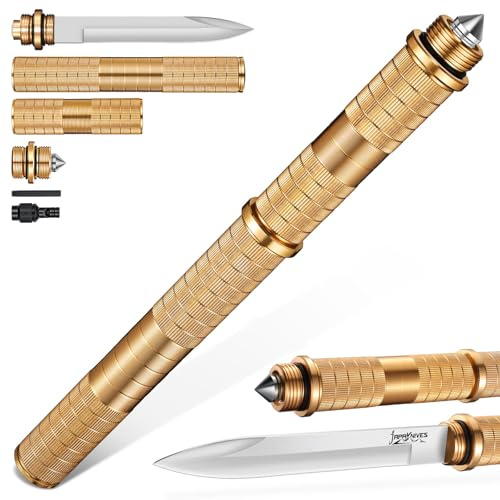 Japaknives Outdoor Messer Survival 5 in 1 Feststehende Messer Multifunktionsstock mit Pfeife Glasbrecher D2 Stahl Jagdmesser Abnehmbares Bushcraft Messer für Männer Camping Wandern Goldenes