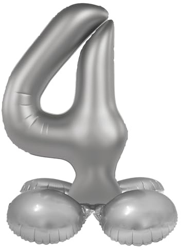 Folat 10534 Zahlen Luftballon Silber Stehender Folienballon Zahl 4 - Moonlight Silver - Satin Gloss - 72 cm - Party Deko Ballon für Kinder Geburtstag Jubiläum, kein Helium erforderlich