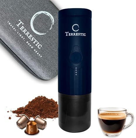 Terrestic Dose Macchina Caffè Espresso Portatile Elettrica con Custodia Rigida – Compatibile con Polvere e Capsule Nespresso, Ricarica USB-C, per Viaggio e Ufficio