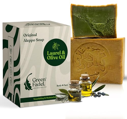 GREEN FADEL Savon D'Alep Original, à l'huile d'Olive & Huile de Laurier, 1 x ca. 200g, Savon à l'Huile d'Olive, Naturel, Fait Main, Vegan, Pour Le Visage Et Le Corps.