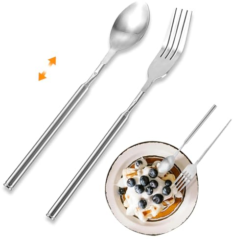 Xiciki Fourchette télescopique en acier inoxydable extensible - Cuillère rétractable - Extensible jusqu'à 63,5 cm - Pour barbecue et fruits