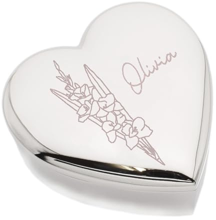 Beautiful August Birthday Flower Gladiolus Engraved Design Heart Trinket Box, Personalised Name